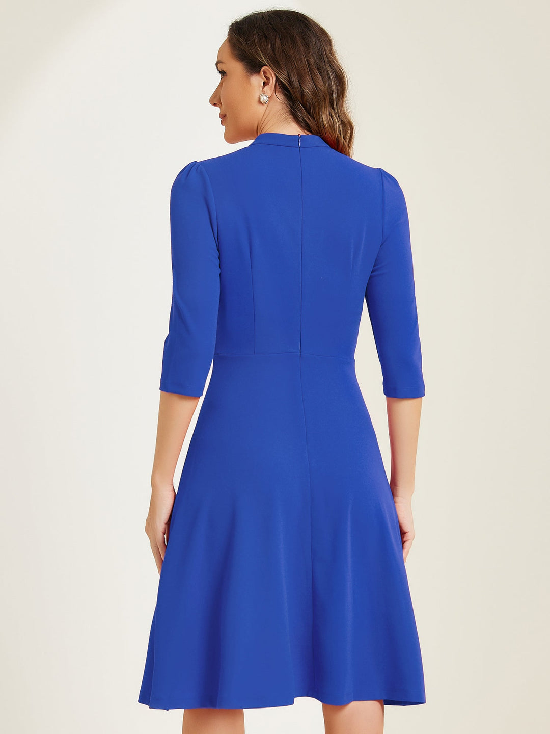 Women's A-Line Dress Stand Collar 3/4 Sleeve Button Front Zip Back – Office Work