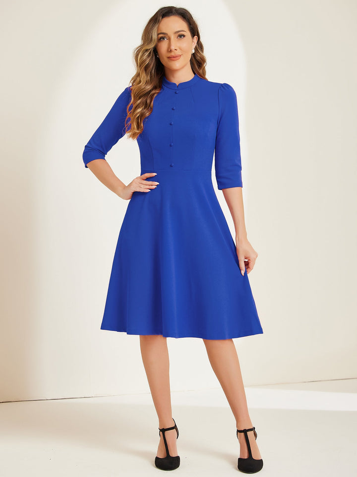 Women's A-Line Dress Stand Collar 3/4 Sleeve Button Front Zip Back – Office Work
