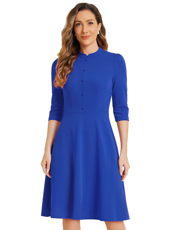 Women's A-Line Dress Stand Collar 3/4 Sleeve Button Front Zip Back – Office Work
