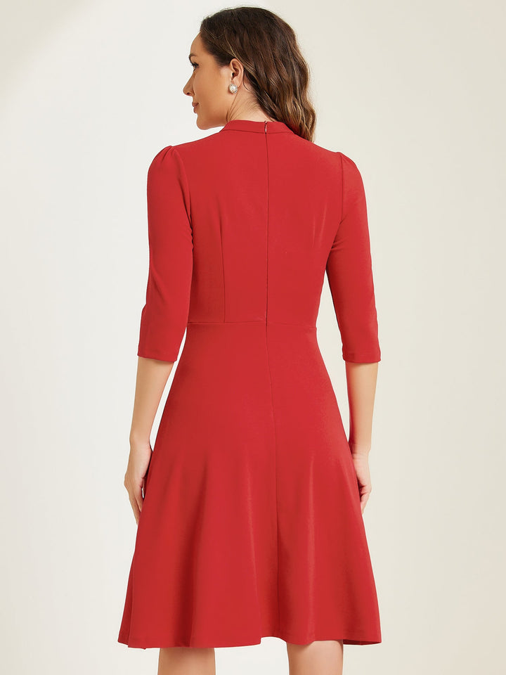 Women's A-Line Dress Stand Collar 3/4 Sleeve Button Front Zip Back – Office Work