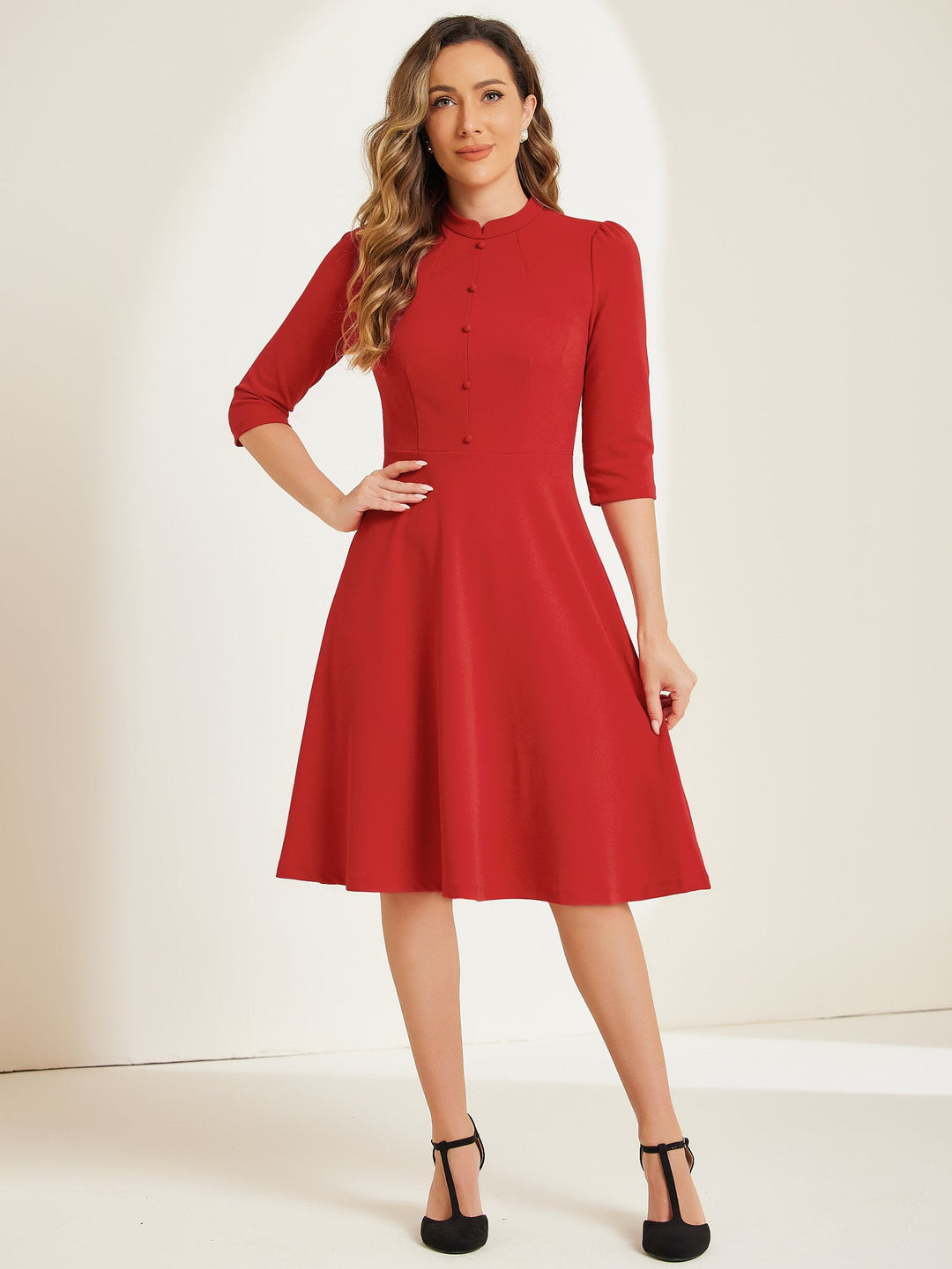 Women's A-Line Dress Stand Collar 3/4 Sleeve Button Front Zip Back – Office Work