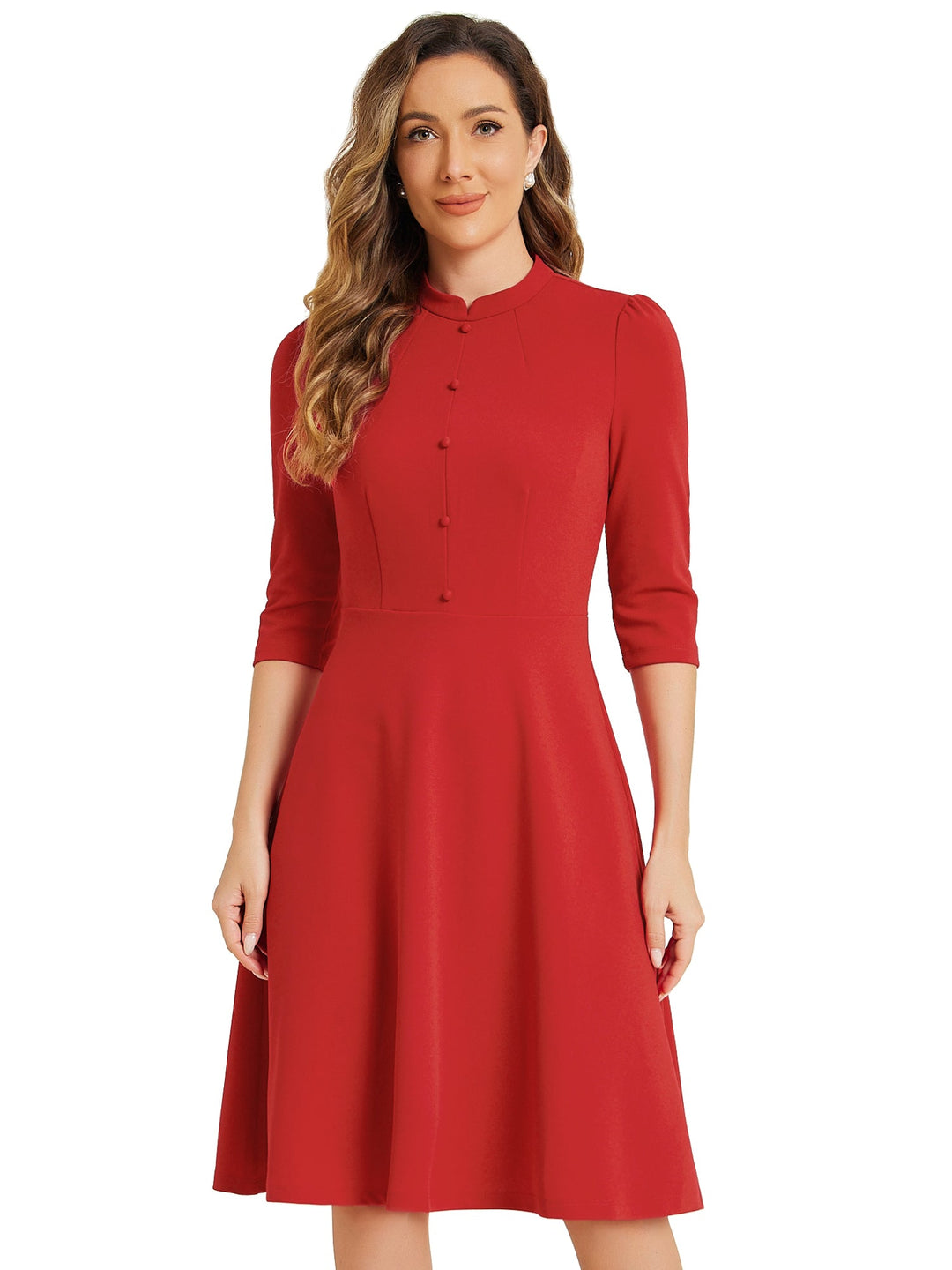 Women's A-Line Dress Stand Collar 3/4 Sleeve Button Front Zip Back – Office Work