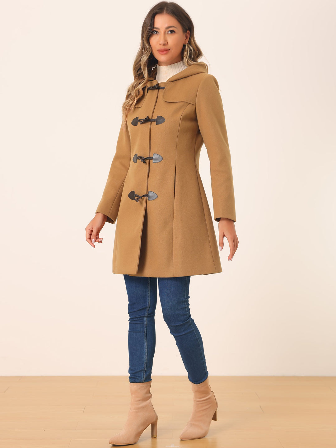 Women's Duffle Coat Hooded Toggle Button-Up Long Sleeve Winter
