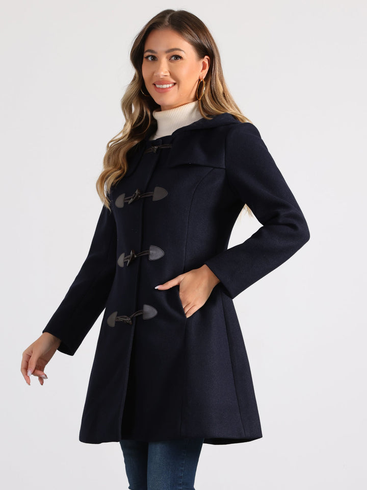 Women's Duffle Coat Hooded Toggle Button-Up Long Sleeve Winter