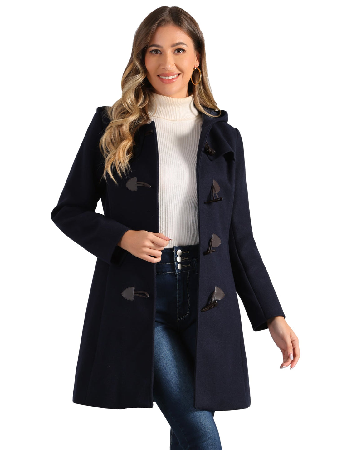 Women's Duffle Coat Hooded Toggle Button-Up Long Sleeve Winter