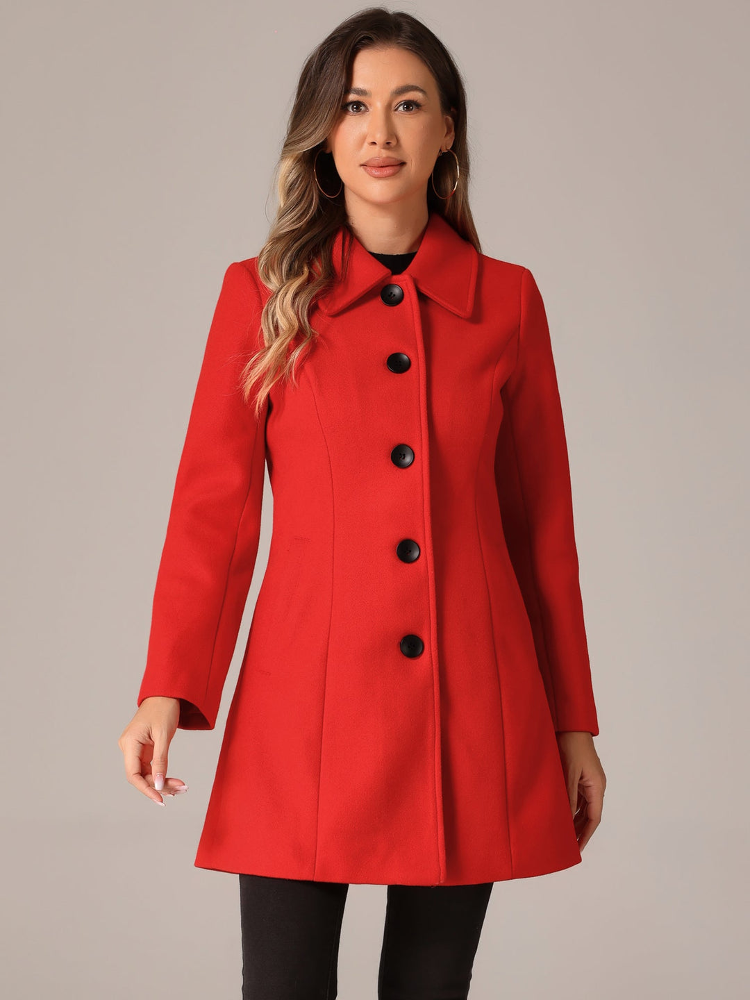 Women's Pea Coat Solid Single-Breasted Long Sleeve Regular Fit Mid Length