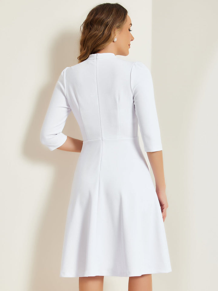 Women's A-Line Dress Stand Collar 3/4 Sleeve Button Front Zip Back – Office Work