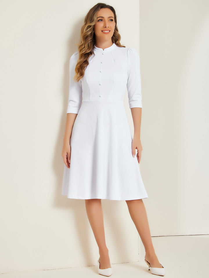 Women's A-Line Dress Stand Collar 3/4 Sleeve Button Front Zip Back – Office Work