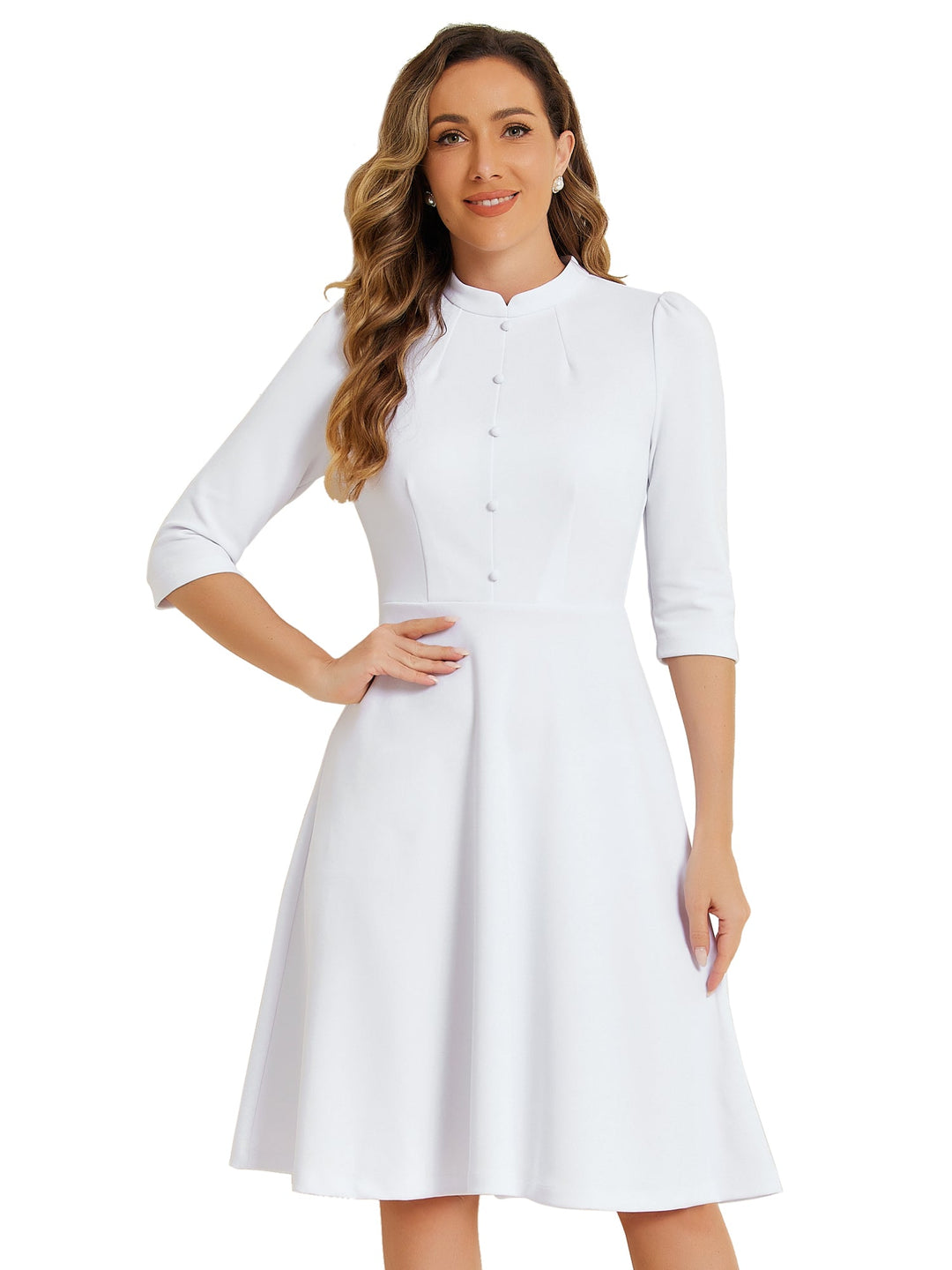 Women's A-Line Dress Stand Collar 3/4 Sleeve Button Front Zip Back – Office Work