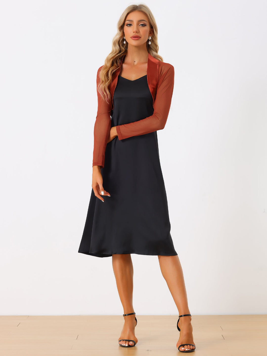 Women's Shrug Satin Mesh Sheer Open Front Cropped Long Sleeve