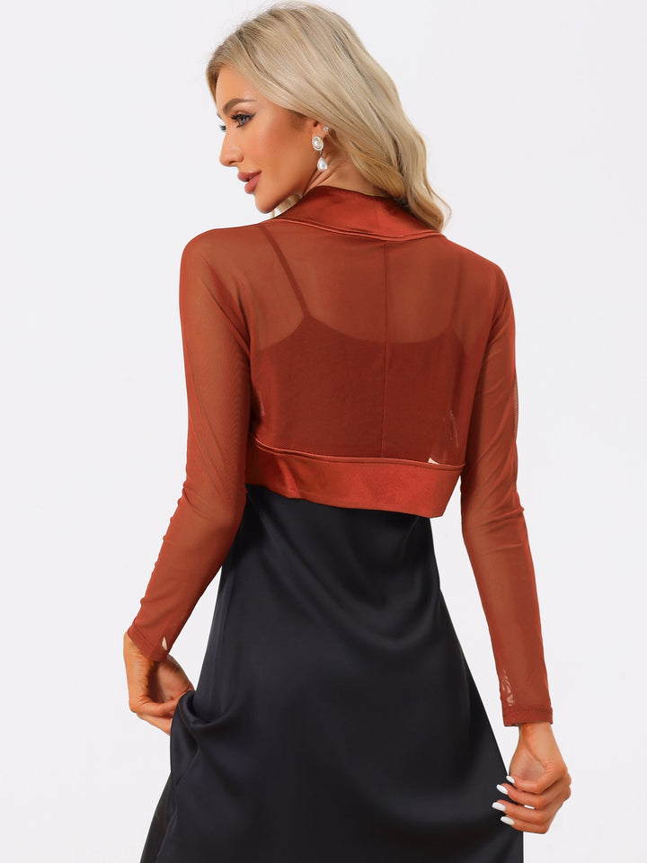Women's Shrug Satin Mesh Sheer Open Front Cropped Long Sleeve