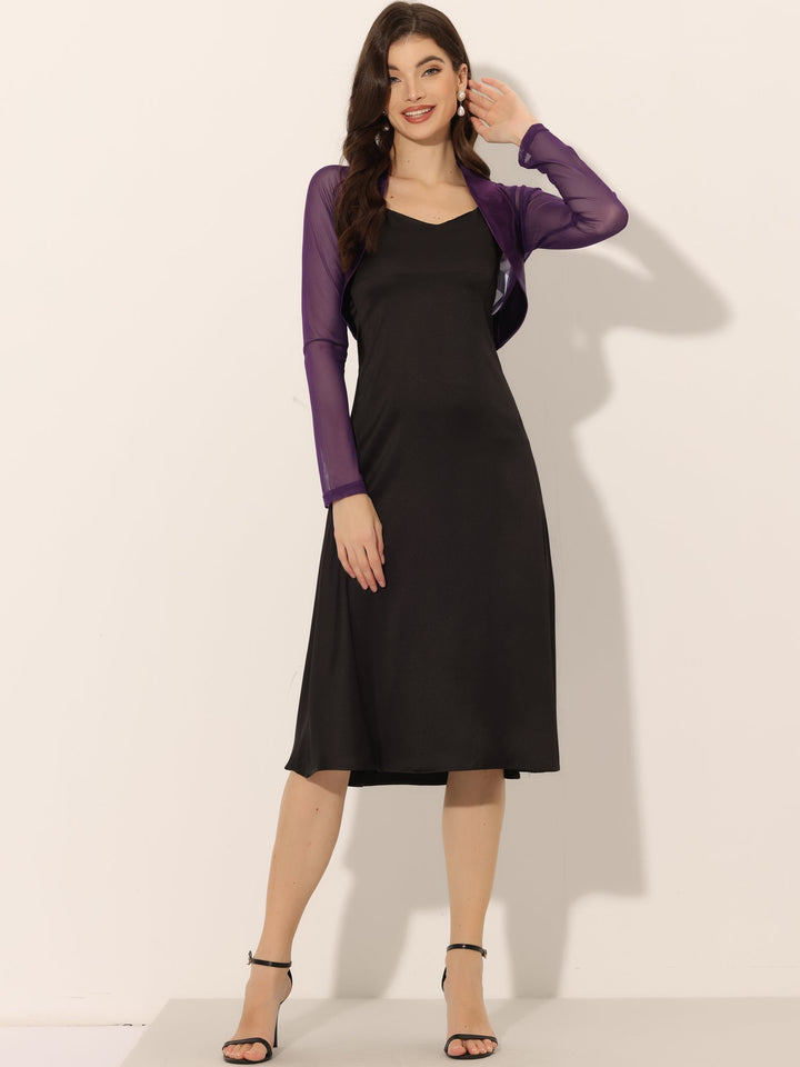 Women's Shrug Satin Mesh Sheer Open Front Cropped Long Sleeve