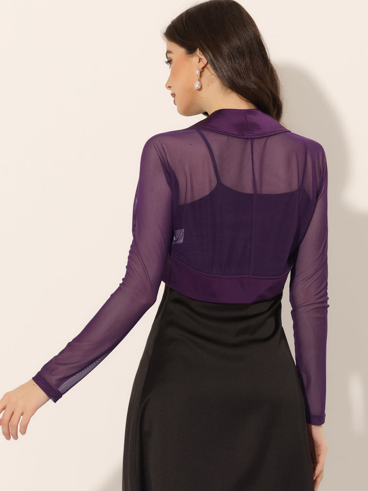 Women's Shrug Satin Mesh Sheer Open Front Cropped Long Sleeve