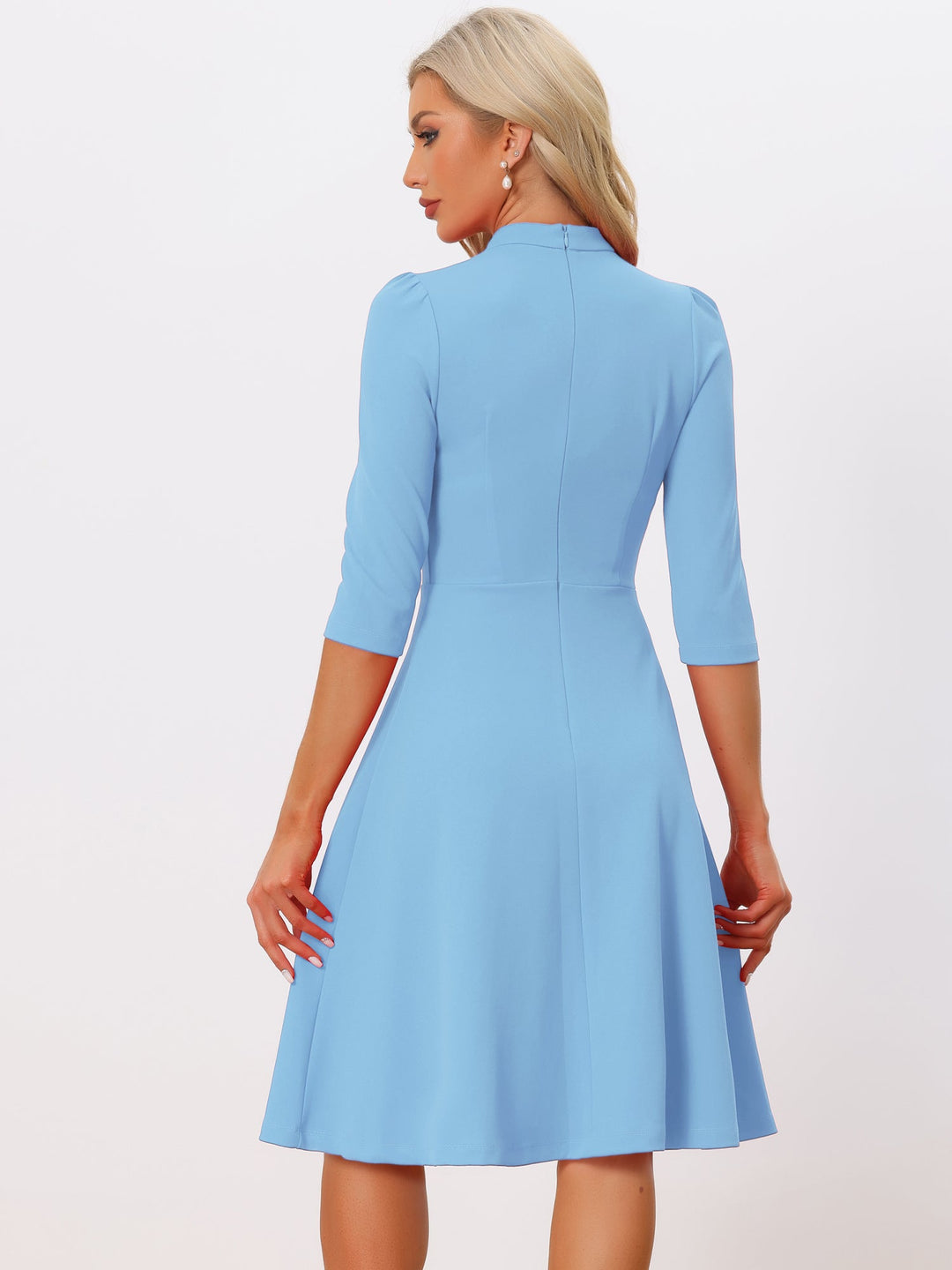 Women's A-Line Dress Stand Collar 3/4 Sleeve Button Front Zip Back – Office Work