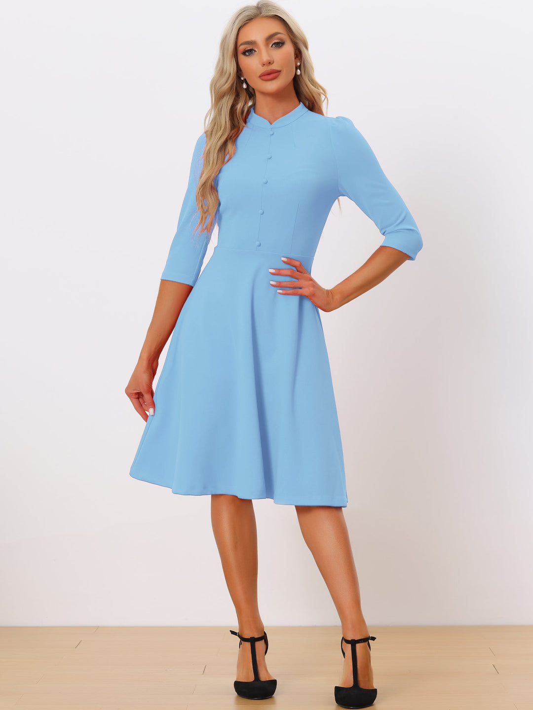 Women's A-Line Dress Stand Collar 3/4 Sleeve Button Front Zip Back – Office Work