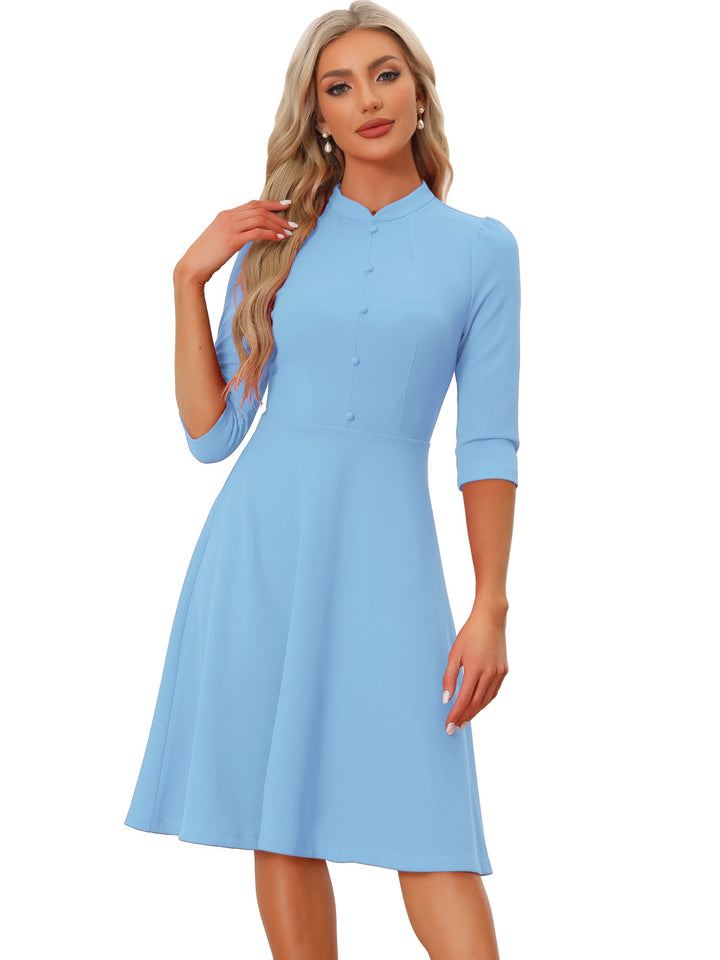 Women's A-Line Dress Stand Collar 3/4 Sleeve Button Front Zip Back – Office Work