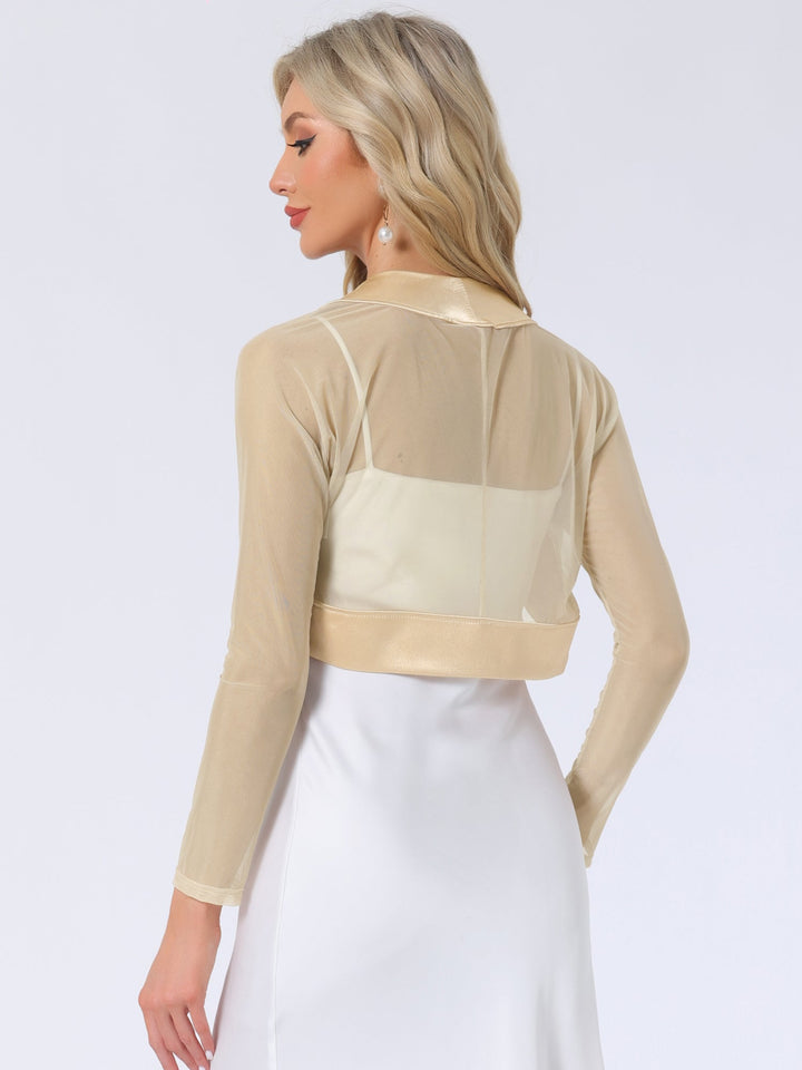 Women's Shrug Satin Mesh Sheer Open Front Cropped Long Sleeve