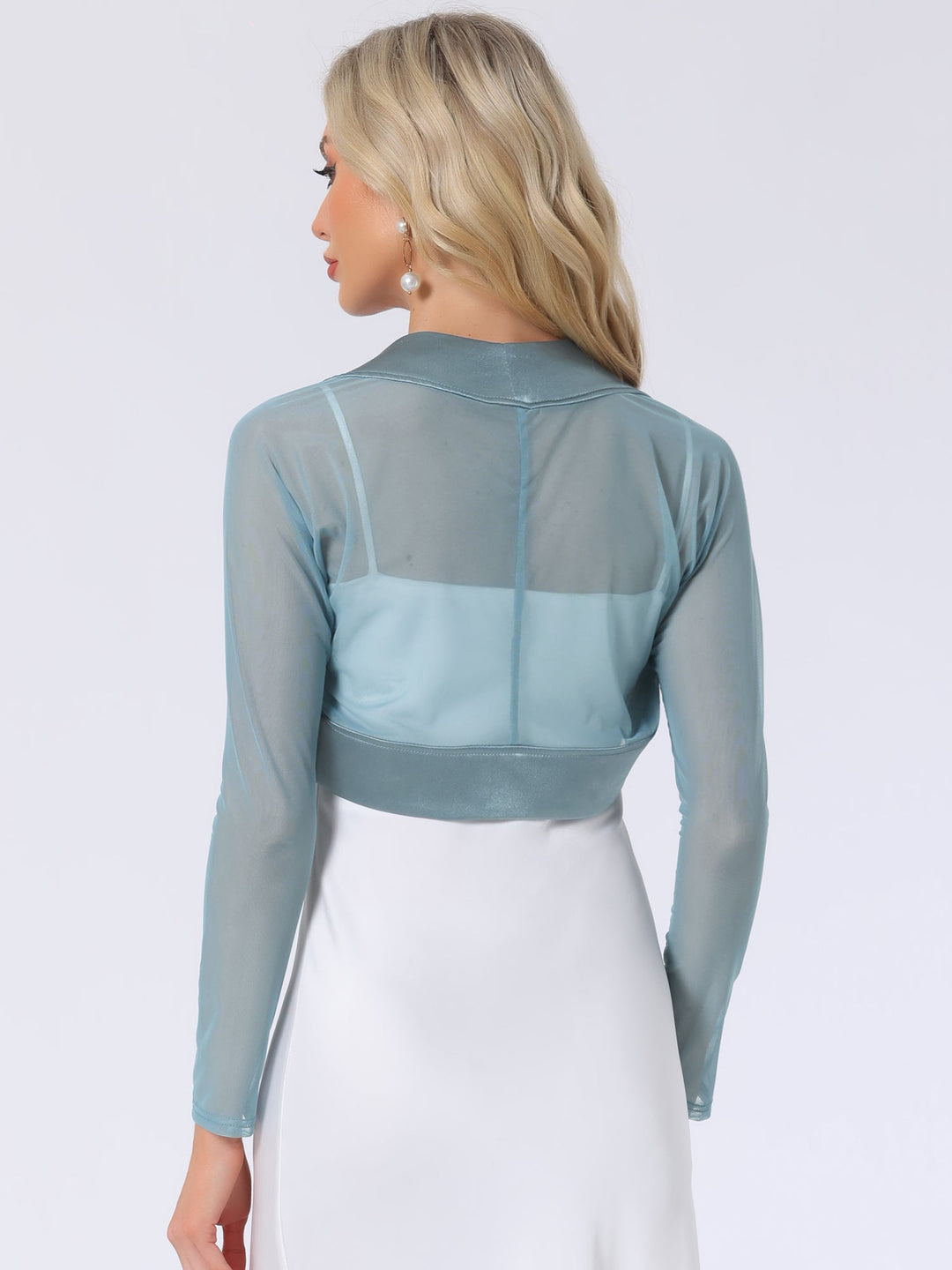 Women's Shrug Satin Mesh Sheer Open Front Cropped Long Sleeve