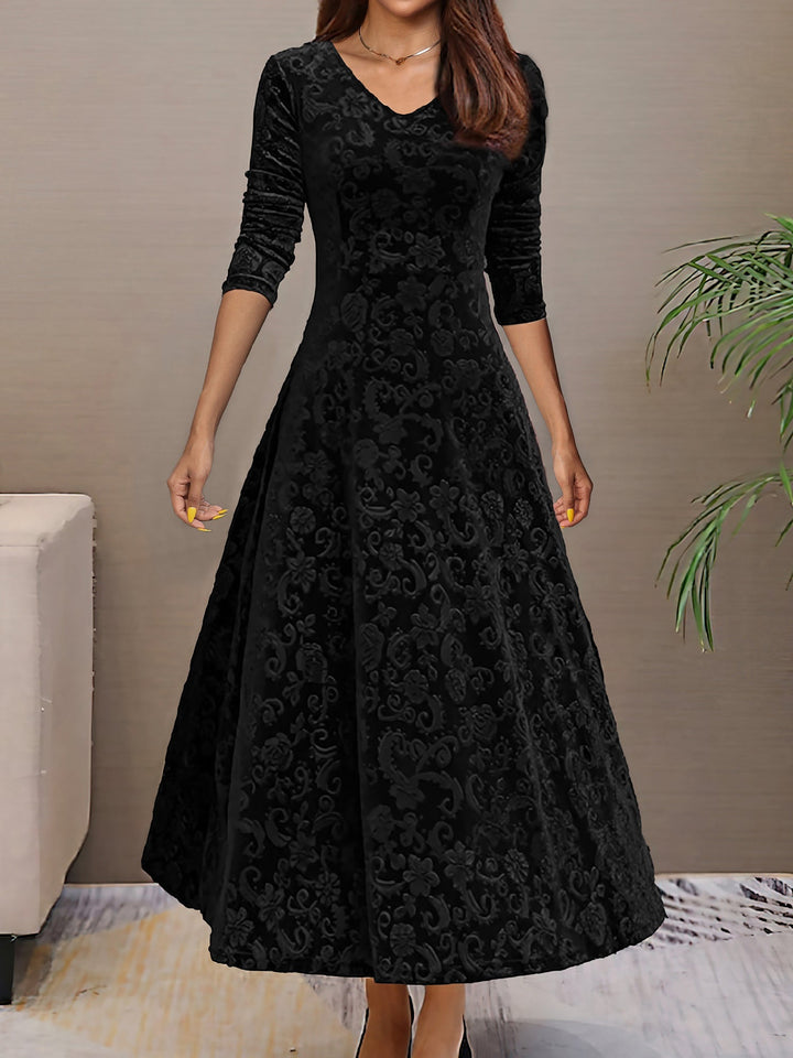 Women's Maxi Dress Velvet Floral V-Neck Long Sleeve Regular Fit