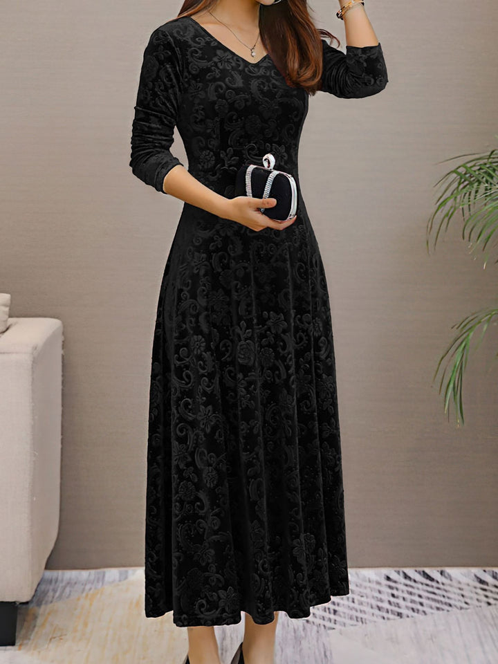 Women's Maxi Dress Velvet Floral V-Neck Long Sleeve Regular Fit