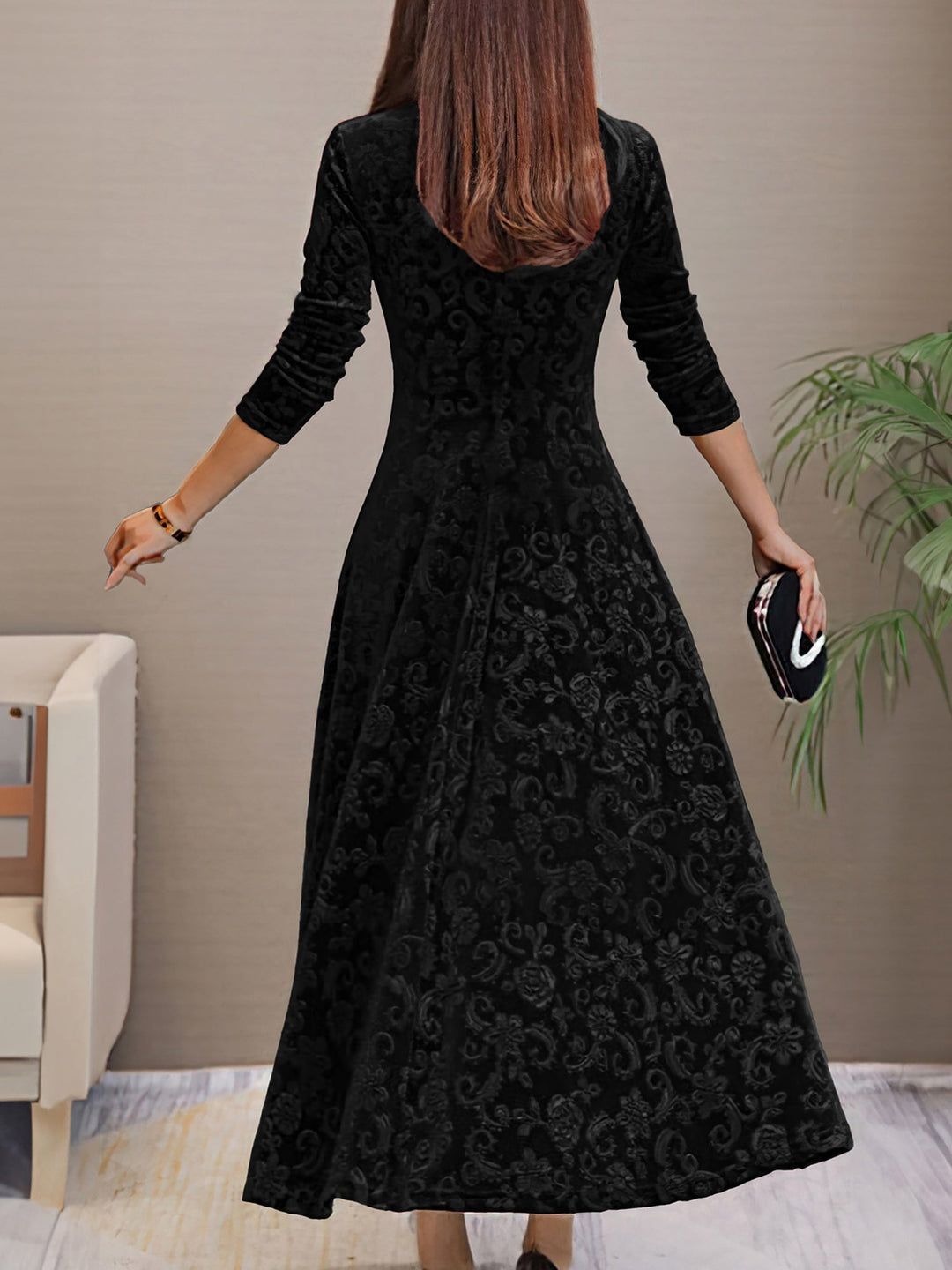 Women's Maxi Dress Velvet Floral V-Neck Long Sleeve Regular Fit