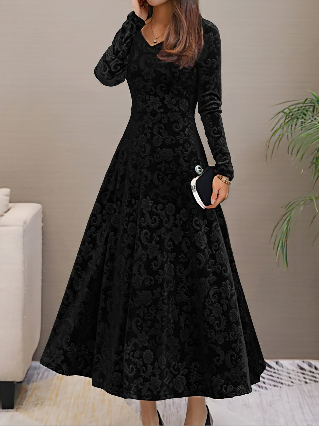 Women's Maxi Dress Velvet Floral V-Neck Long Sleeve Regular Fit