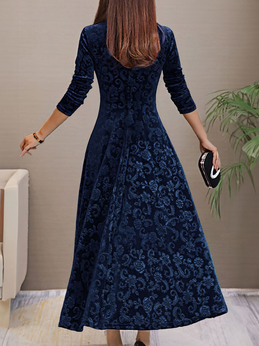 Women's Maxi Dress Velvet Floral V-Neck Long Sleeve Regular Fit