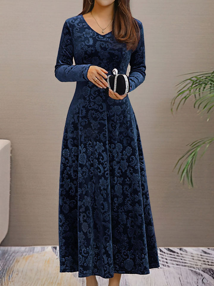 Women's Maxi Dress Velvet Floral V-Neck Long Sleeve Regular Fit