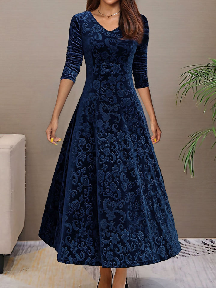 Women's Maxi Dress Velvet Floral V-Neck Long Sleeve Regular Fit