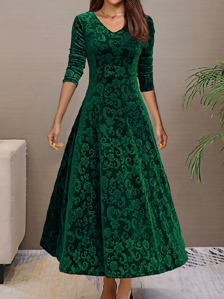 Women's Maxi Dress Velvet Floral V-Neck Long Sleeve Regular Fit