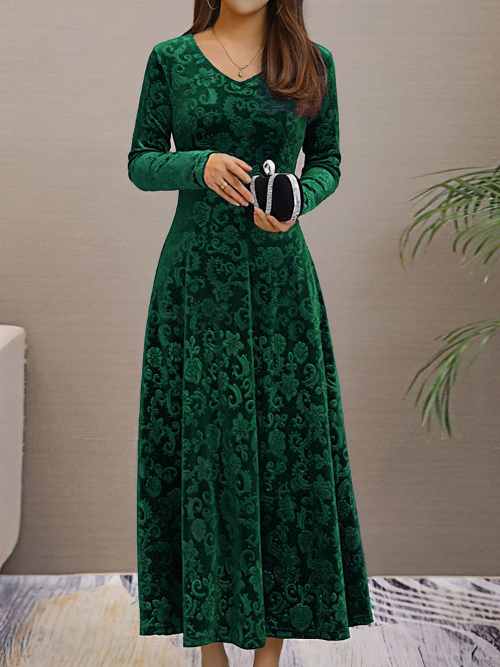 Women's Maxi Dress Velvet Floral V-Neck Long Sleeve Regular Fit