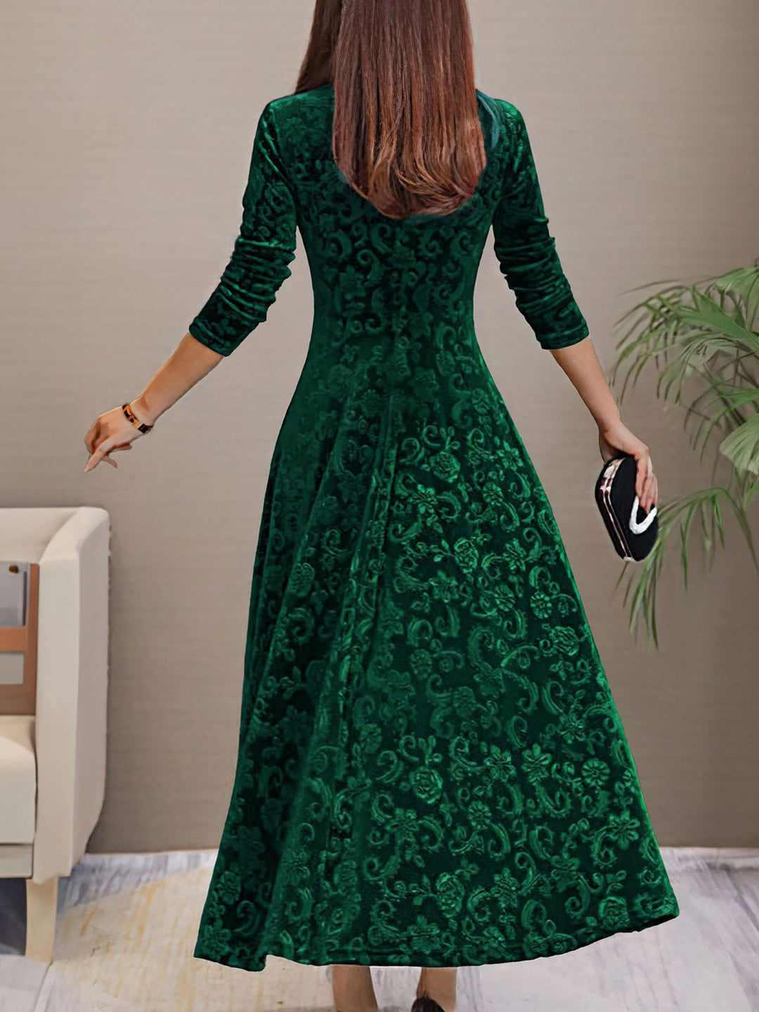 Women's Maxi Dress Velvet Floral V-Neck Long Sleeve Regular Fit