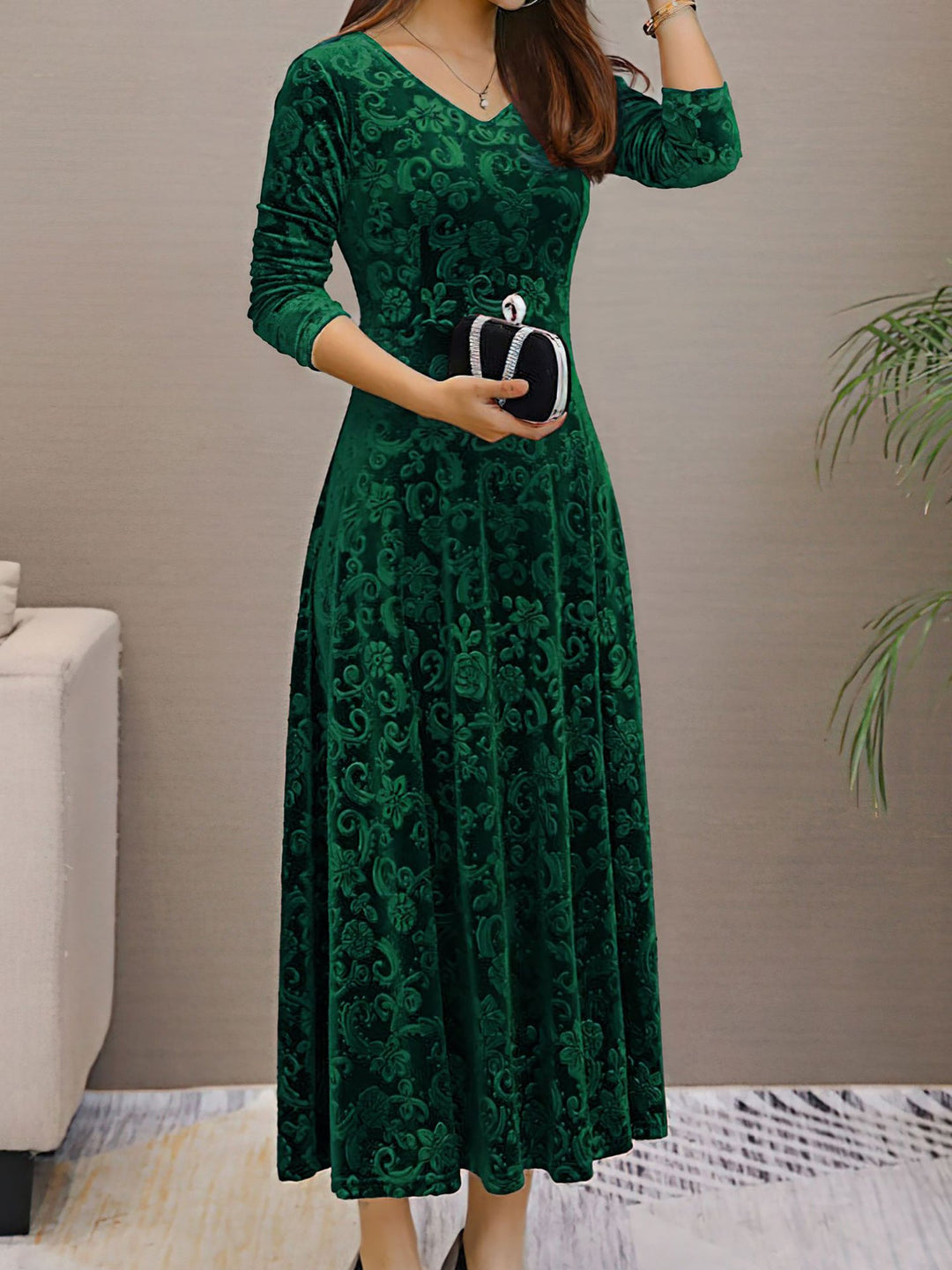 Women's Maxi Dress Velvet Floral V-Neck Long Sleeve Regular Fit