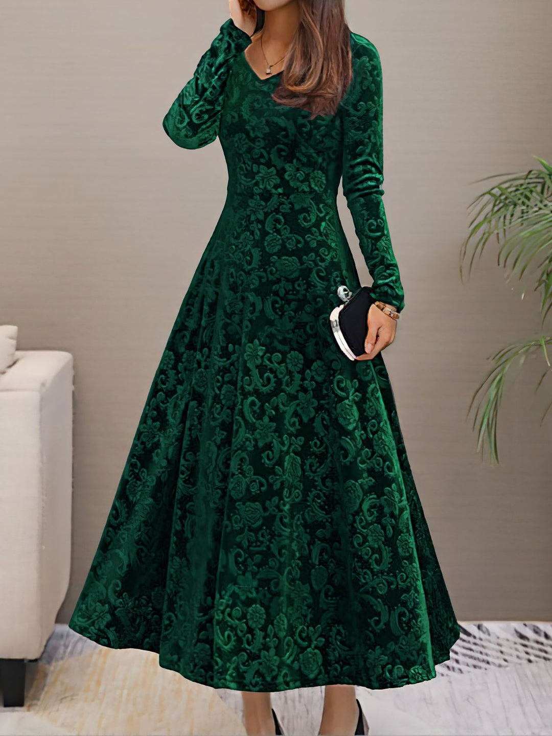 Women's Maxi Dress Velvet Floral V-Neck Long Sleeve Regular Fit