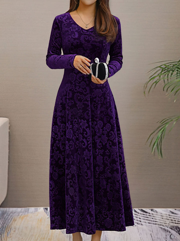 Women's Maxi Dress Velvet Floral V-Neck Long Sleeve Regular Fit