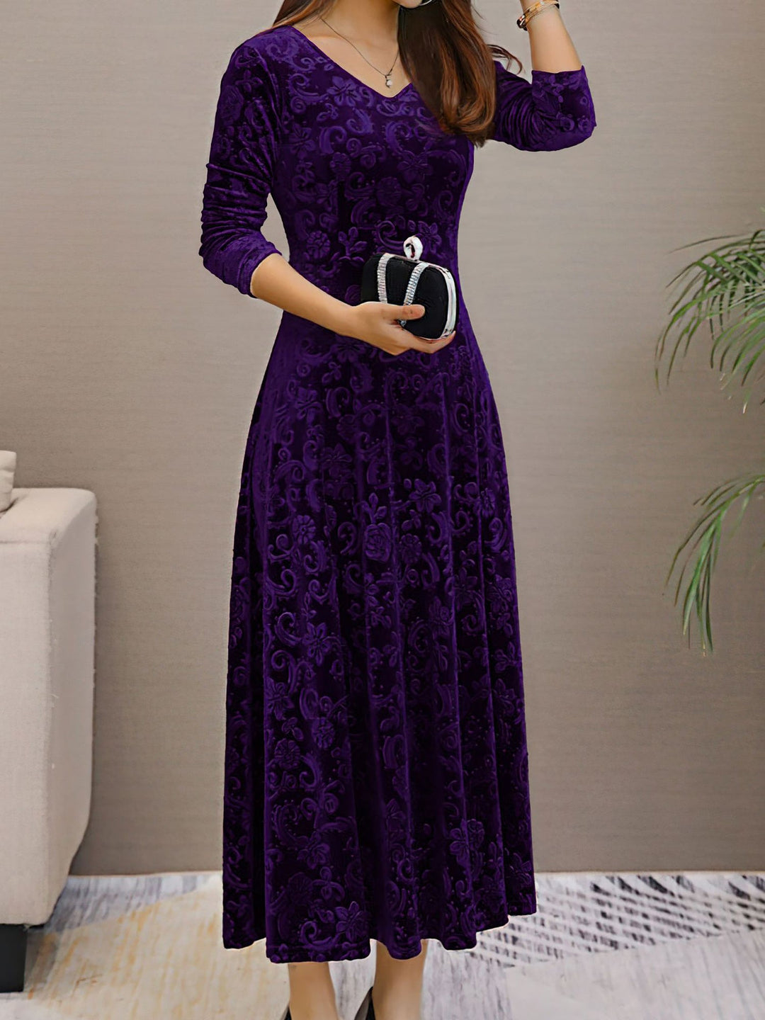 Women's Maxi Dress Velvet Floral V-Neck Long Sleeve Regular Fit