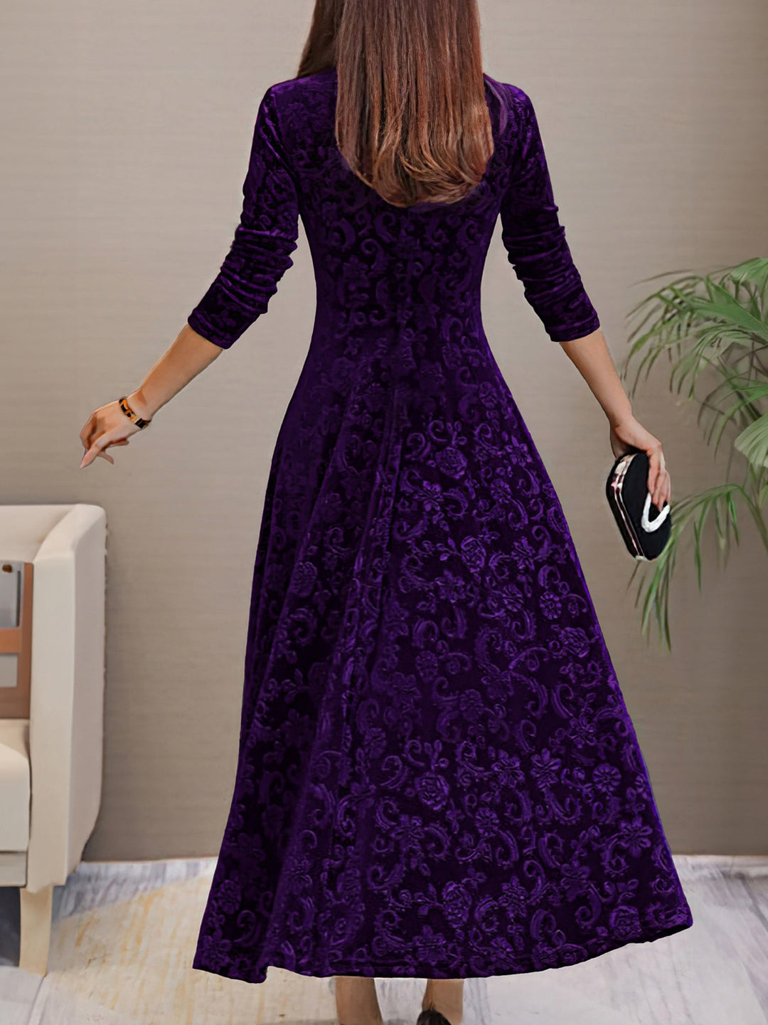 Women's Maxi Dress Velvet Floral V-Neck Long Sleeve Regular Fit
