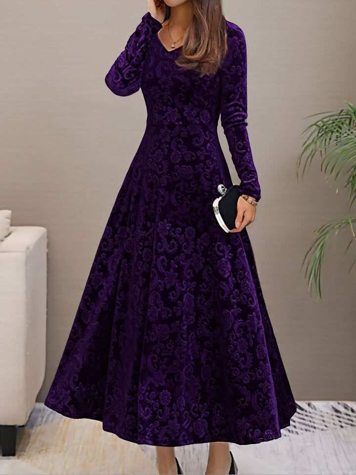 Women's Maxi Dress Velvet Floral V-Neck Long Sleeve Regular Fit