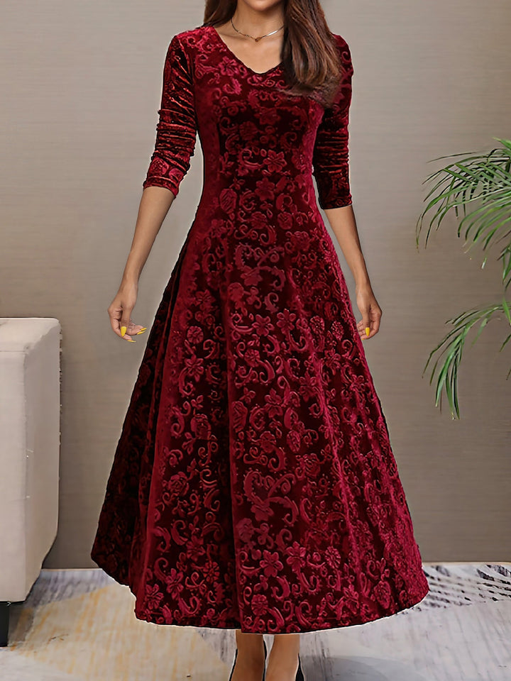 Women's Maxi Dress Velvet Floral V-Neck Long Sleeve Regular Fit