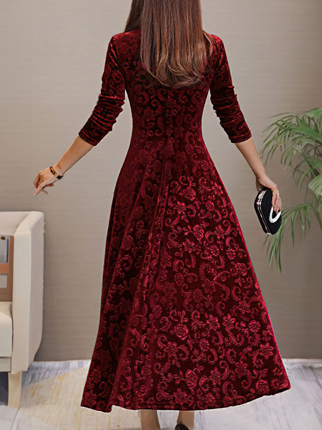 Women's Maxi Dress Velvet Floral V-Neck Long Sleeve Regular Fit