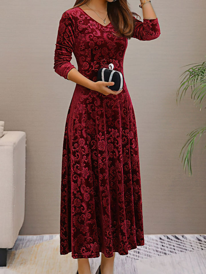 Women's Maxi Dress Velvet Floral V-Neck Long Sleeve Regular Fit