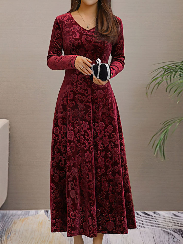 Women's Maxi Dress Velvet Floral V-Neck Long Sleeve Regular Fit