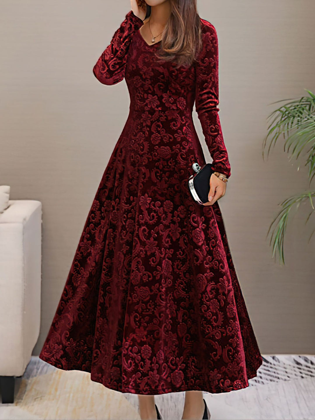 Women's Maxi Dress Velvet Floral V-Neck Long Sleeve Regular Fit