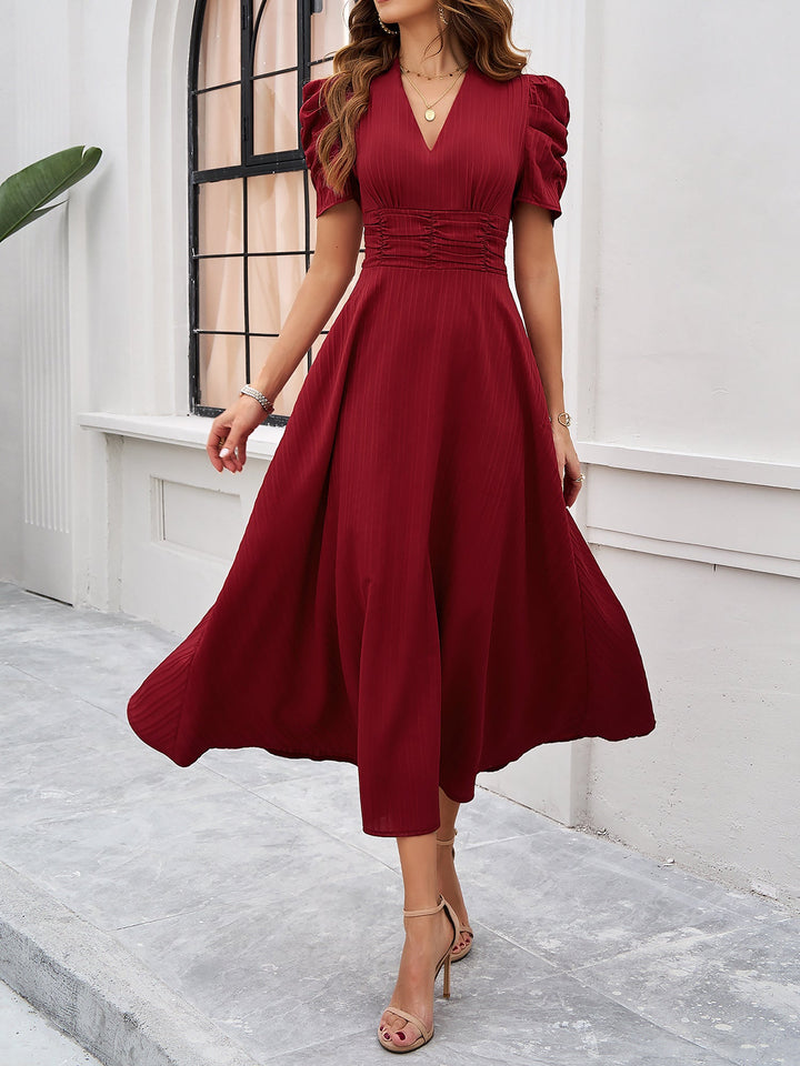 Women's A-Line Dress Textured Ruched Puff Sleeve Short Sleeve Midi Cinched Waist