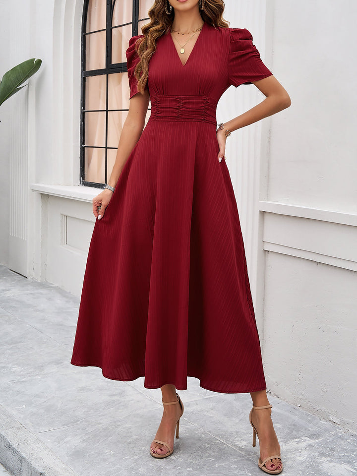 Women's A-Line Dress Textured Ruched Puff Sleeve Short Sleeve Midi Cinched Waist
