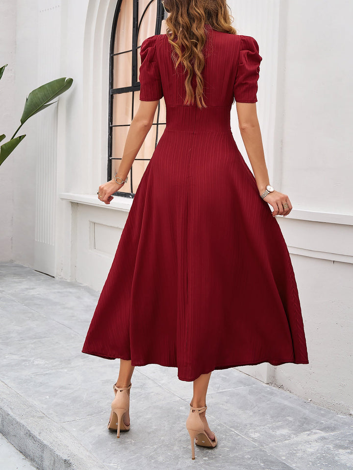 Women's A-Line Dress Textured Ruched Puff Sleeve Short Sleeve Midi Cinched Waist
