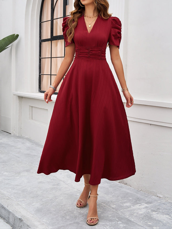 Women's A-Line Dress Textured Ruched Puff Sleeve Short Sleeve Midi Cinched Waist