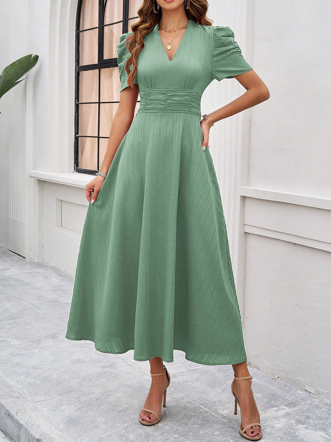 Women's A-Line Dress Textured Ruched Puff Sleeve Short Sleeve Midi Cinched Waist