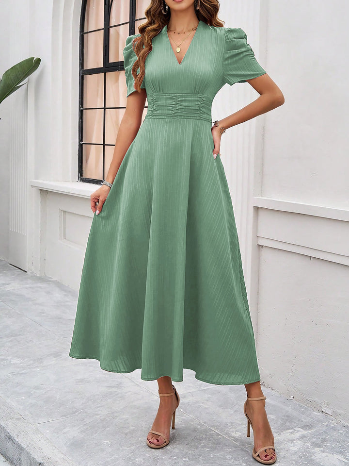 Women's A-Line Dress Textured Ruched Puff Sleeve Short Sleeve Midi Cinched Waist