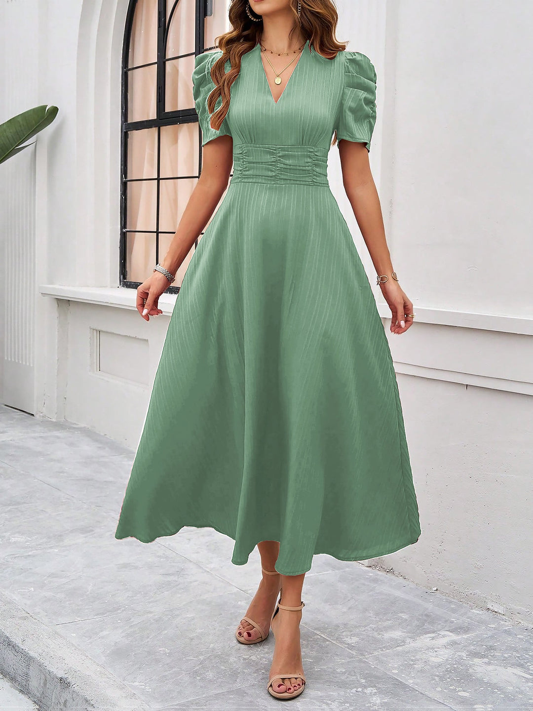 Women's A-Line Dress Textured Ruched Puff Sleeve Short Sleeve Midi Cinched Waist